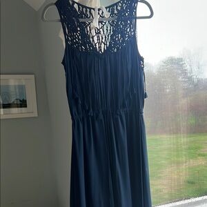 Sleeveless Navy Blue lined Silk Dress